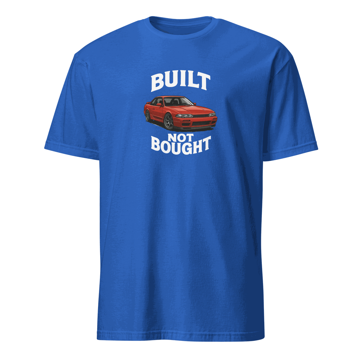 Blue retro muscle car enthusiast t shirt with "Built Not Bought" text and red classic car graphic