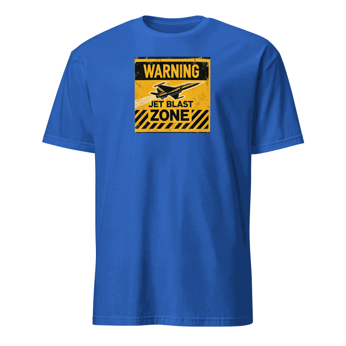 Blue Jet Blast Zone t-shirt with yellow warning sign and airplane graphic, pilot gift tee
