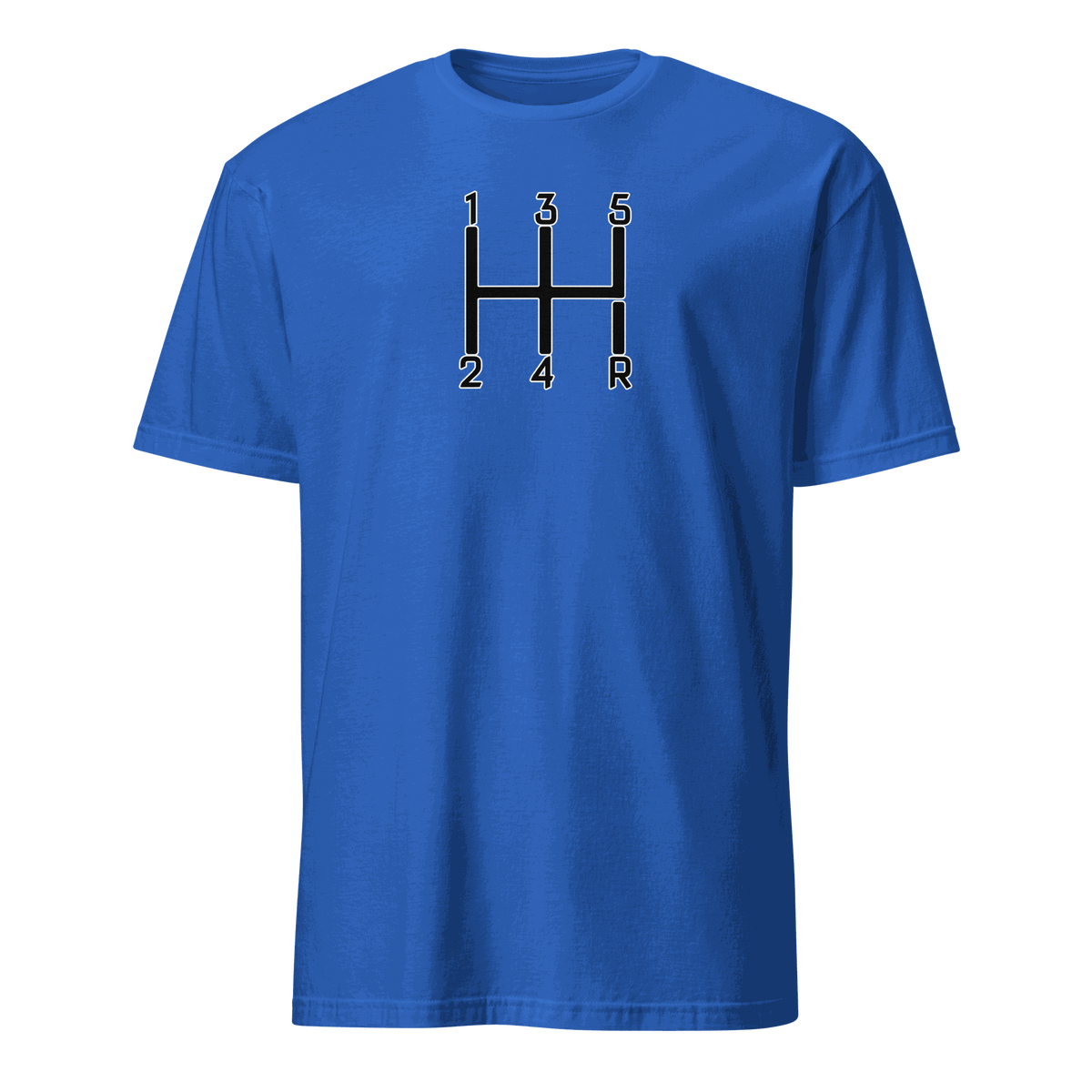Blue manual transmission t-shirt with black and white gear shift design for car enthusiasts