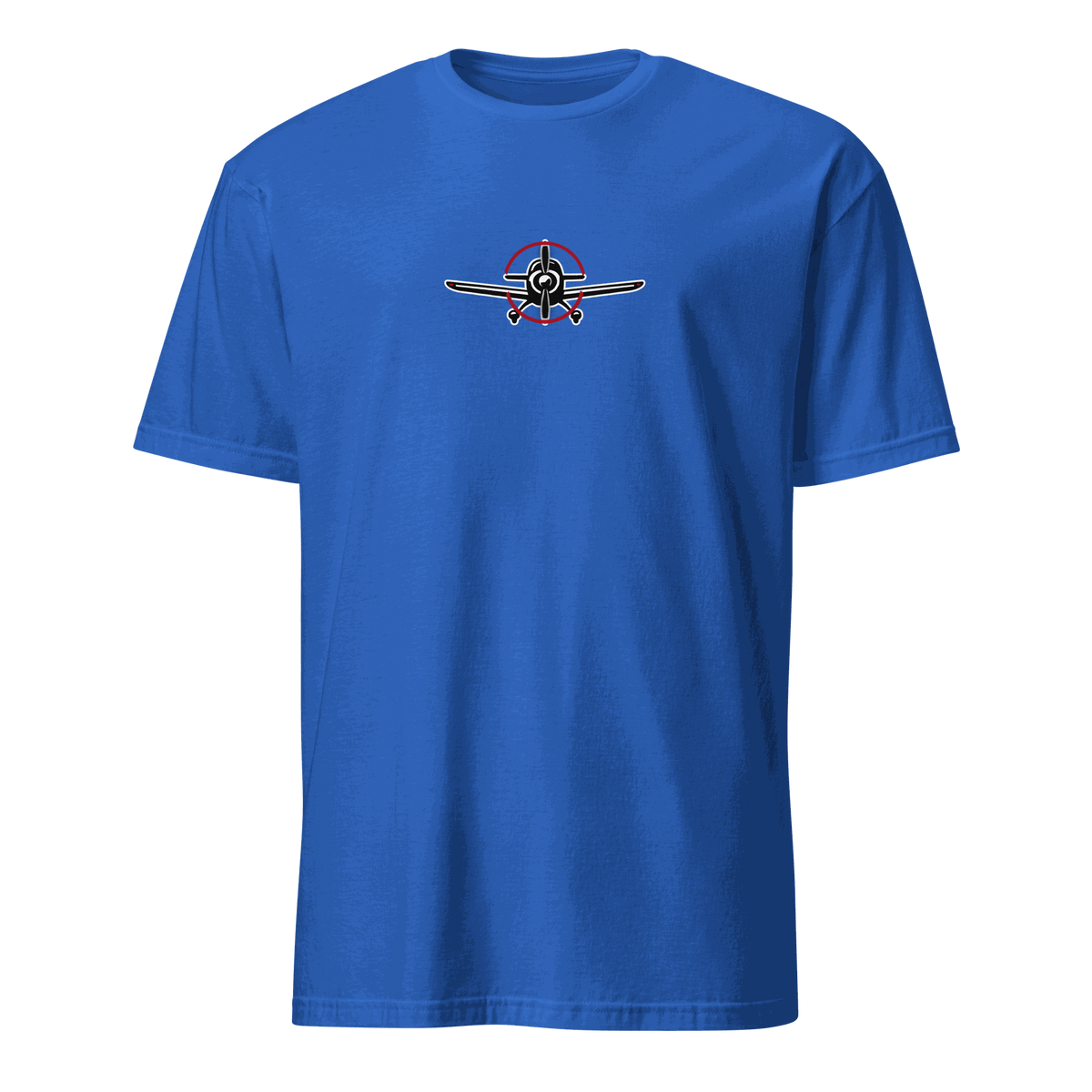 Aviation t-shirt for airplane lovers in blue featuring an airplane graphic on the chest.