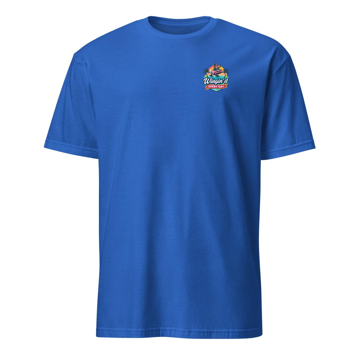 Aviation t-shirt featuring 'Wingin' It Every Day' logo in a vibrant blue color.
