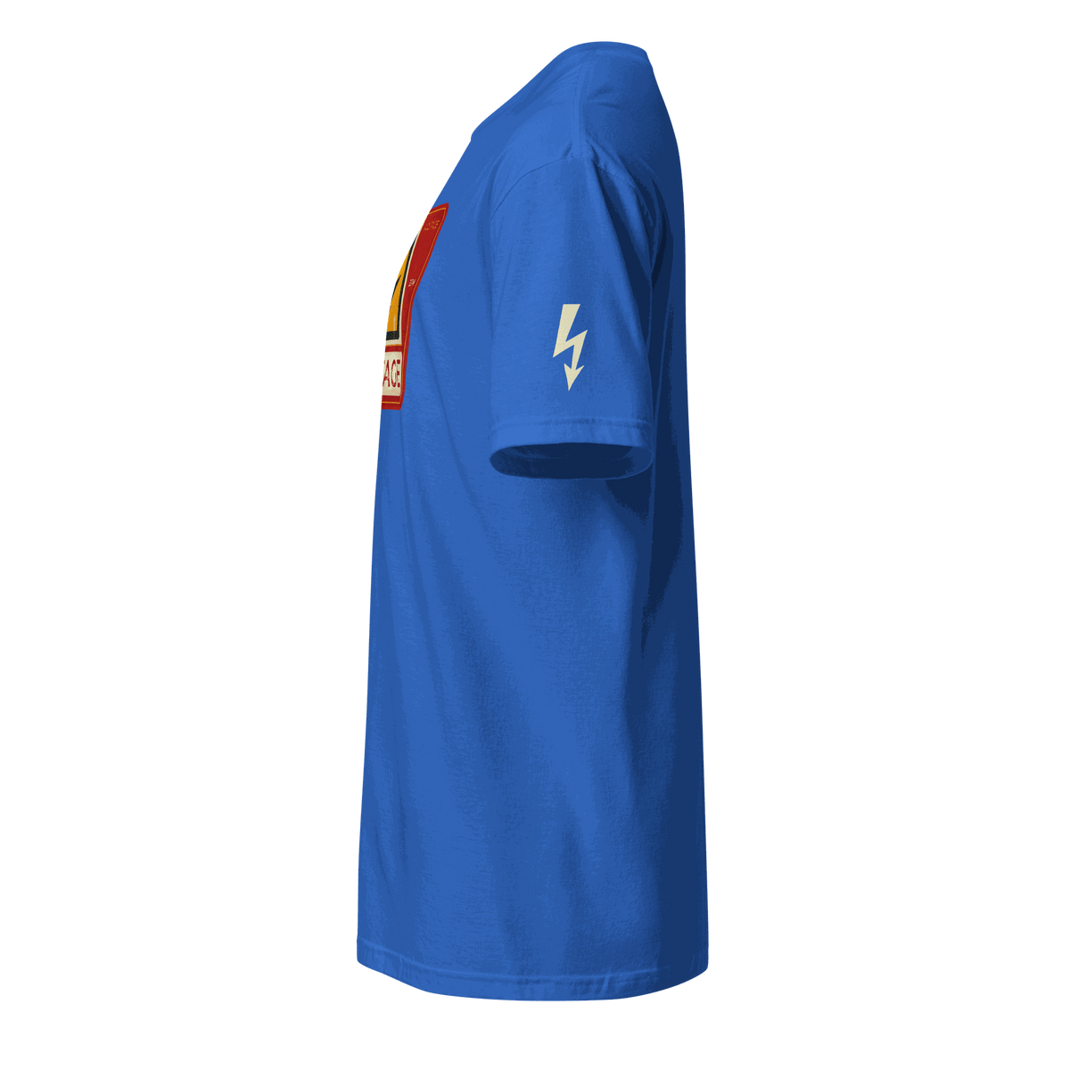 Blue High Voltage Warning Sign T-shirt with retro industrial design and lightning bolt on sleeve, side view