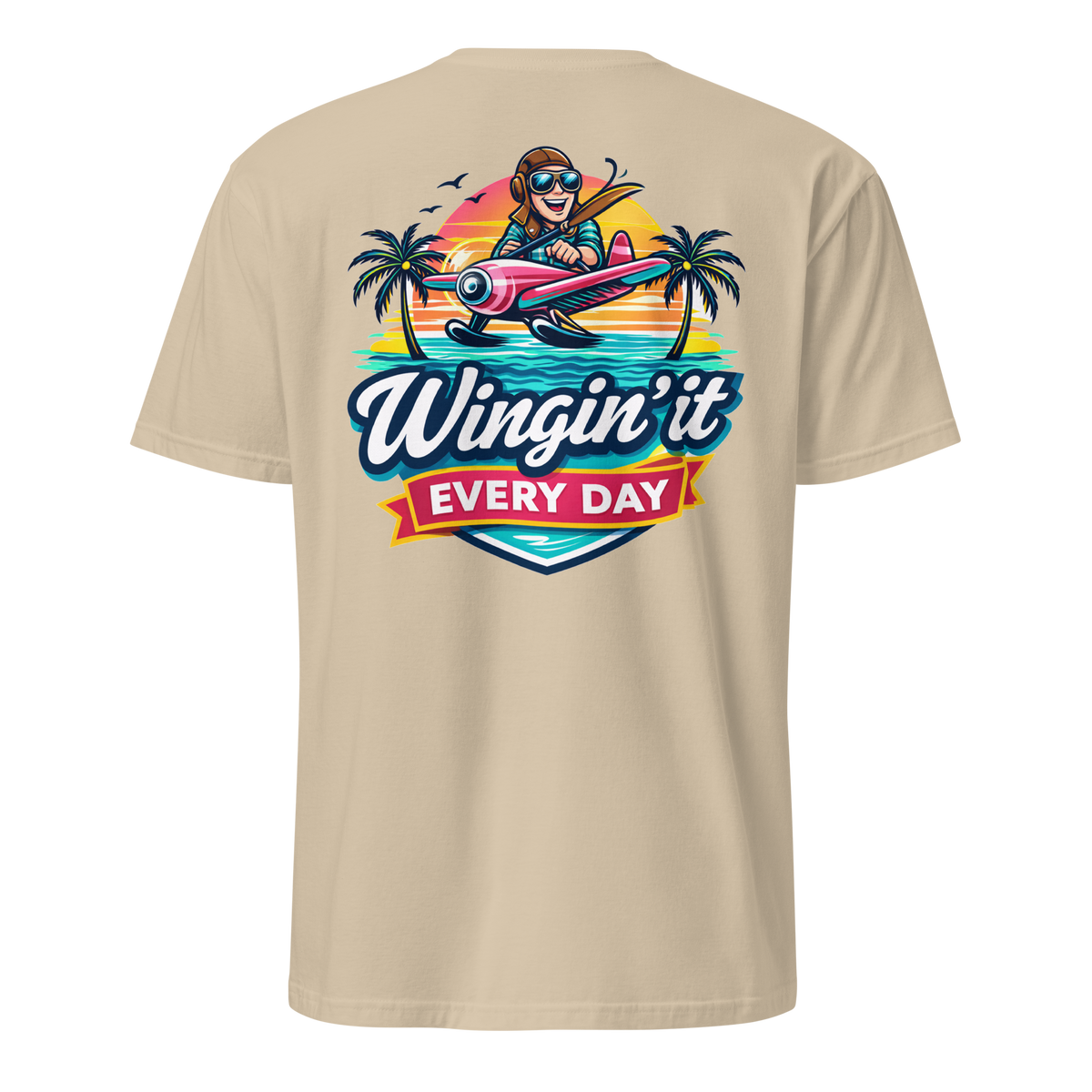 Aviation t-shirt featuring a colorful design with the phrase 'Wingin' it Every Day' and a pilot flying a plane.
