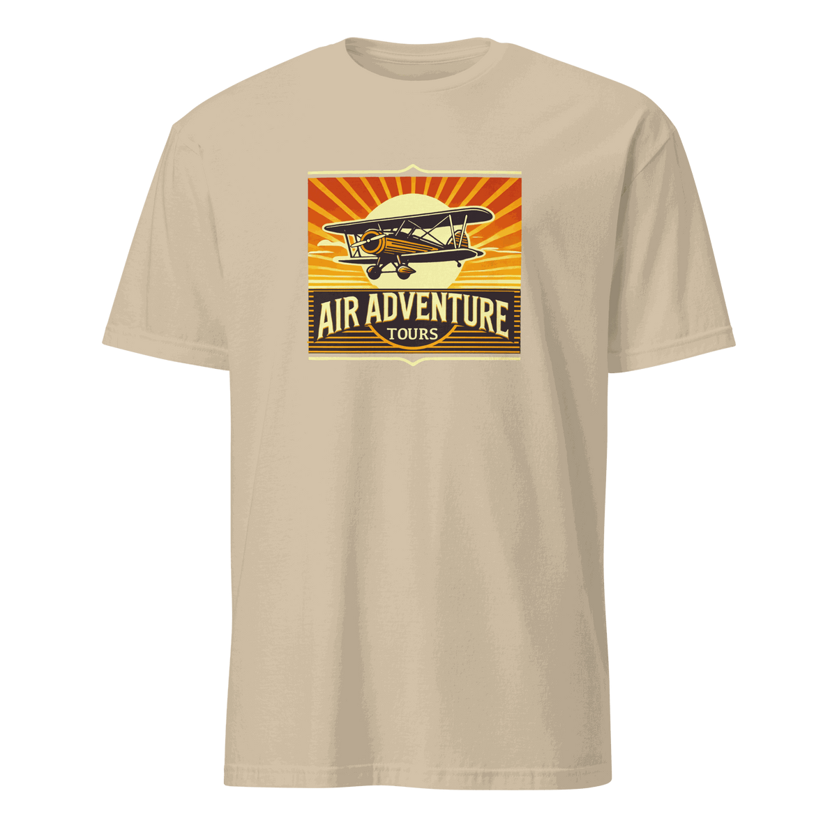 vintage aviation graphic tee with retro biplane and air adventure tours design on beige shirt