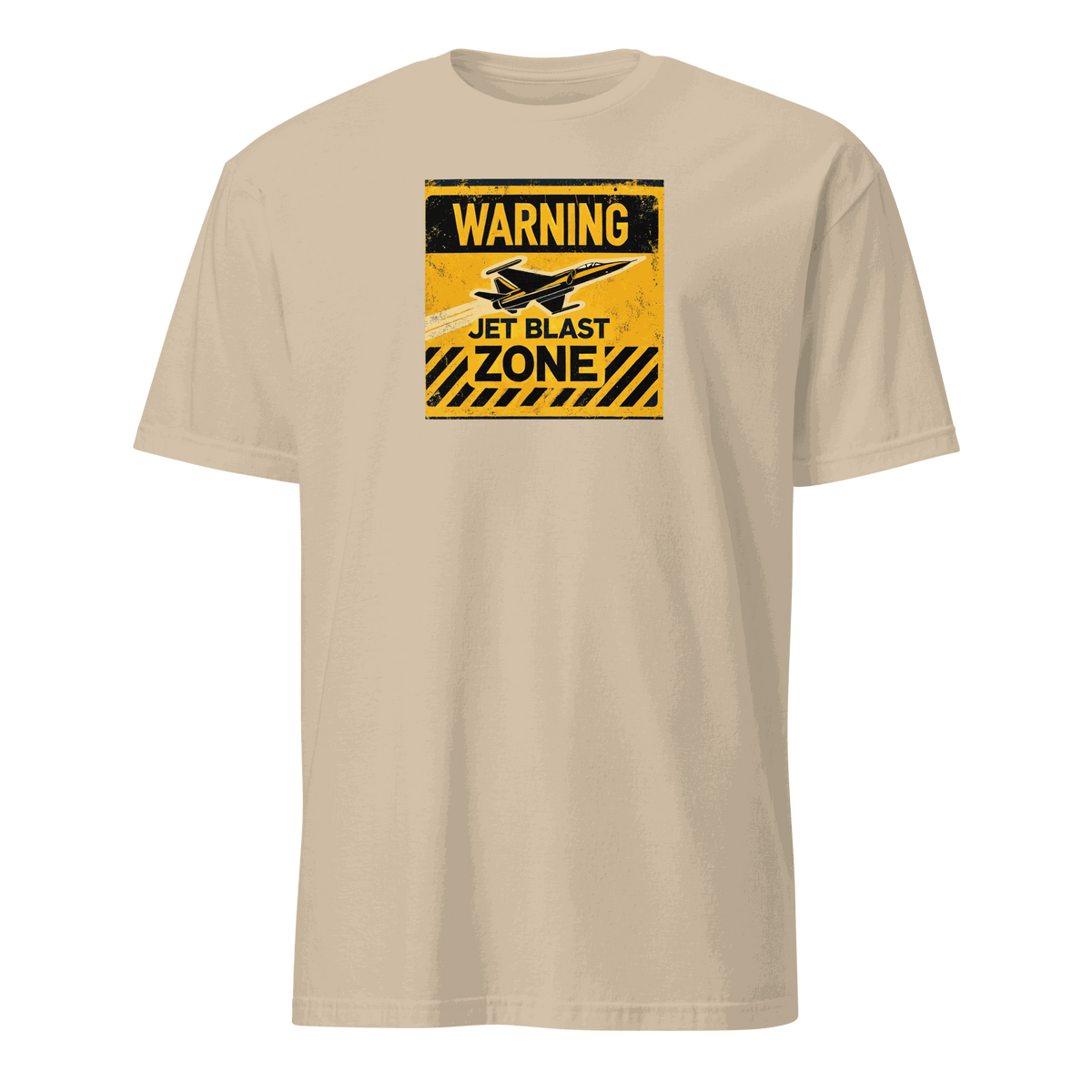 Jet Blast Zone t-shirt with warning sign and airplane graphic, pilot gift tee in beige color
