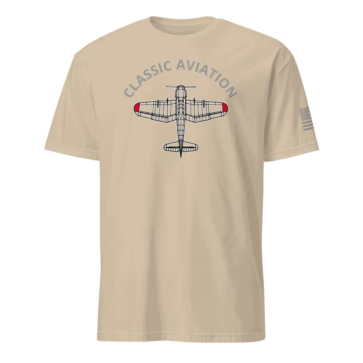 Beige Aviation T-Shirt with classic airplane graphic and &quot;Classic Aviation&quot; text, durable cotton fabric, pilot gift design
