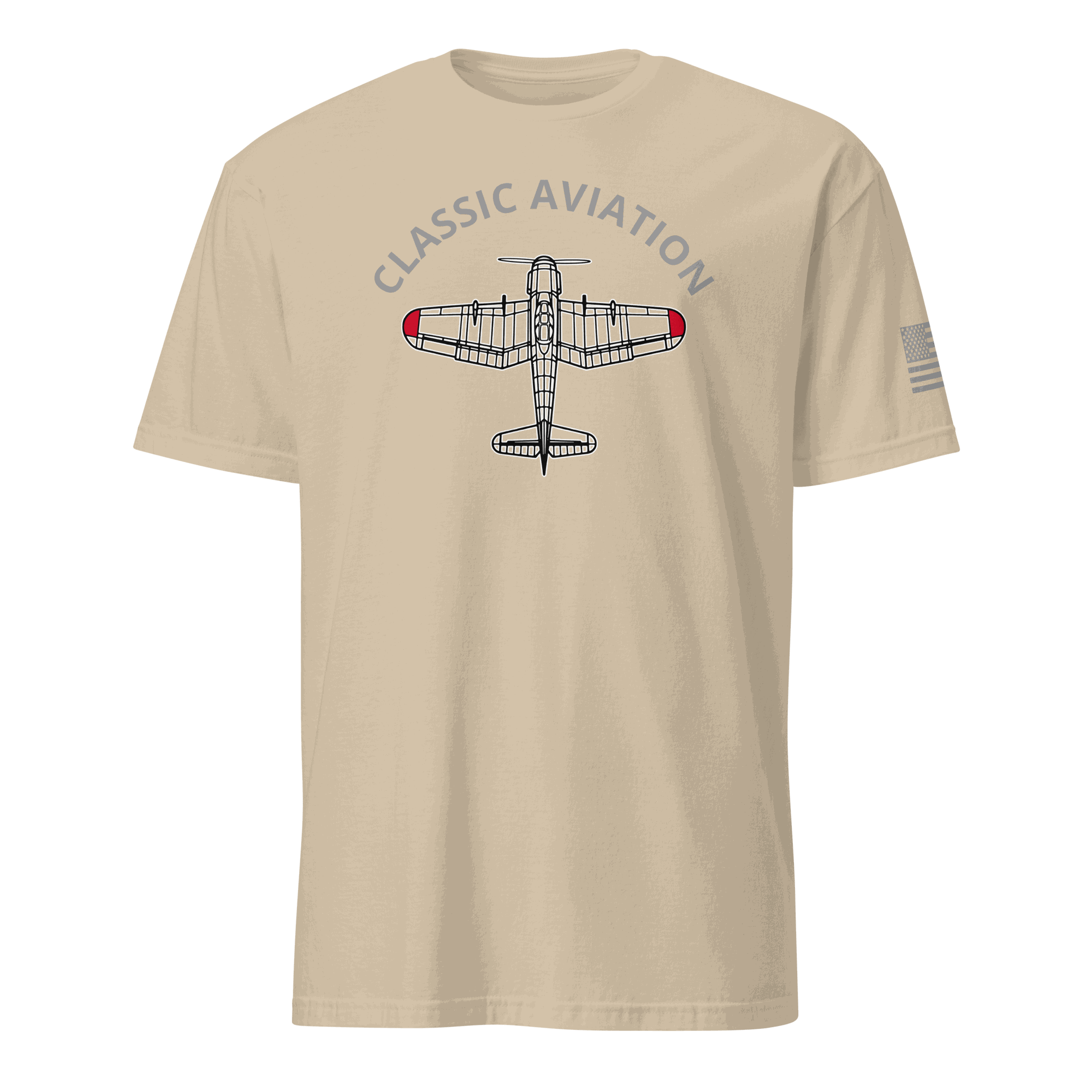 Beige Aviation T-Shirt with classic airplane graphic and &quot;Classic Aviation&quot; text, durable cotton fabric, pilot gift design