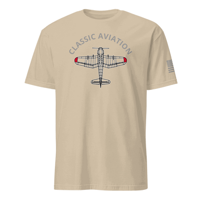 Beige Aviation T-Shirt with classic airplane graphic and &quot;Classic Aviation&quot; text, durable cotton fabric, pilot gift design
