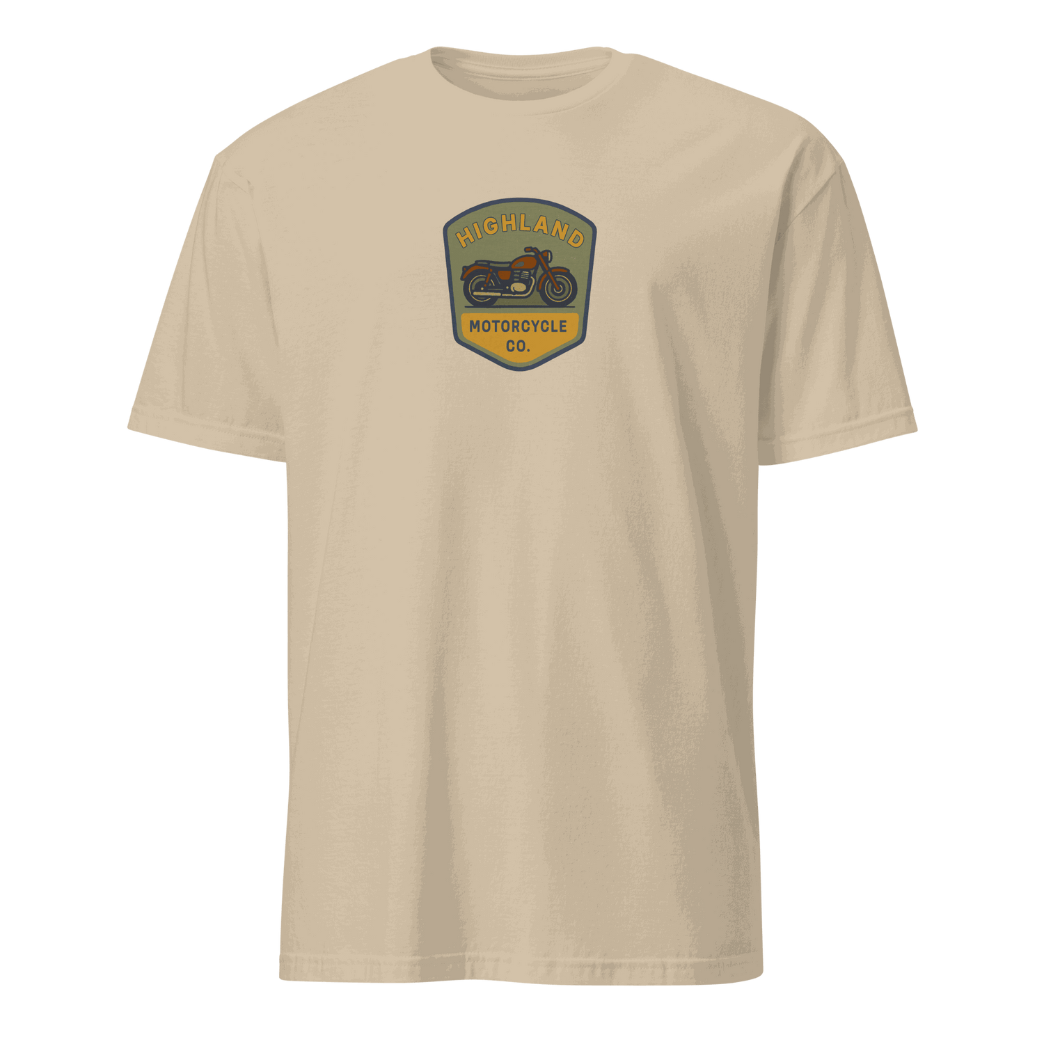 Beige Vintage Biker T-Shirt with Highland Motorcycle Co. logo, 100% organic cotton, comfortable fit for motorcycle enthusiasts