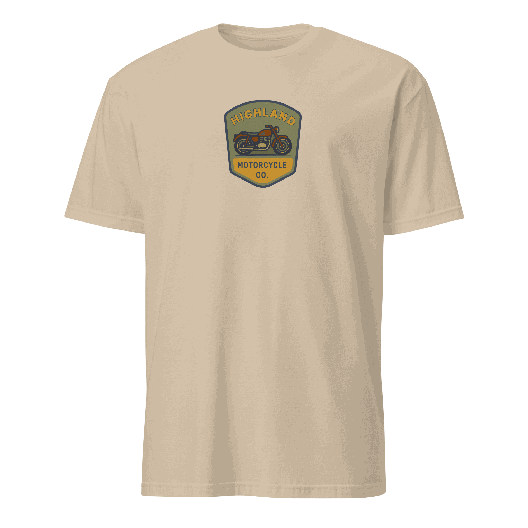 Beige Vintage Biker T-Shirt with Highland Motorcycle Co. logo, 100% organic cotton, comfortable fit for motorcycle enthusiasts