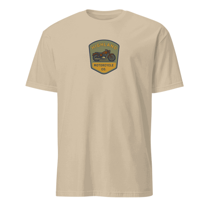 Beige Vintage Biker T-Shirt with Highland Motorcycle Co. logo, 100% organic cotton, comfortable fit for motorcycle enthusiasts