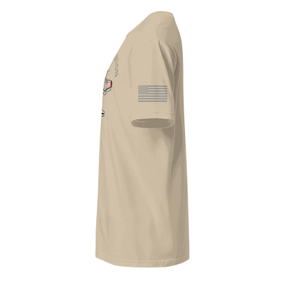 Side view of beige Aviation T-Shirt with American flag on sleeve, classic pilot gift design