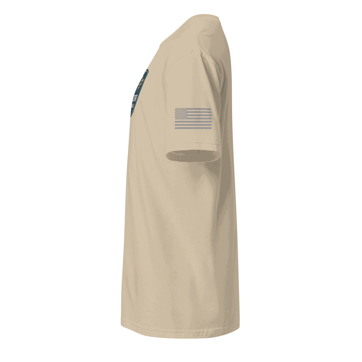 Side view of beige vintage aviation t-shirt made of soft 100% ring-spun cotton with American flag print on sleeve