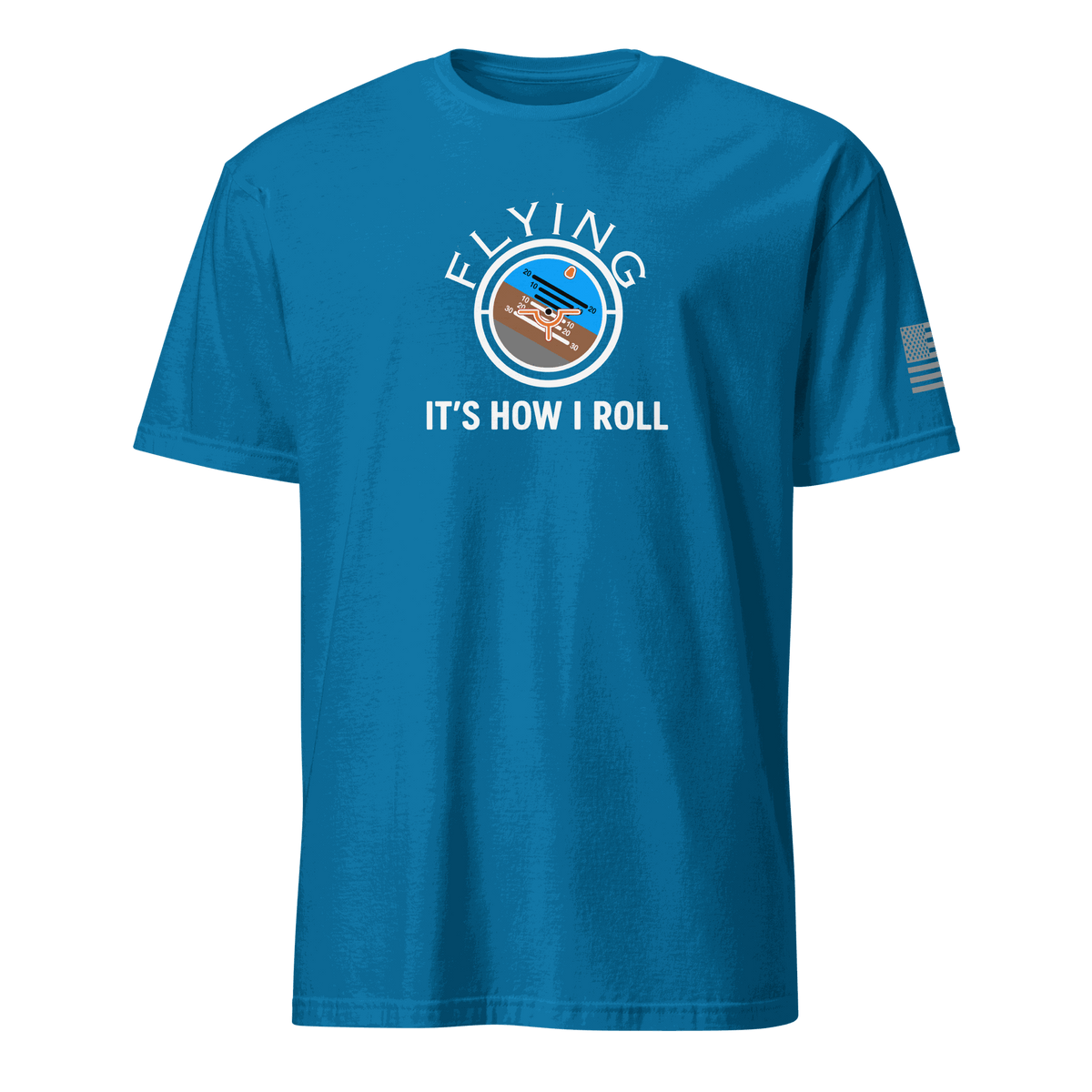 Blue flying machine t-shirt with vintage airplane and "It's How I Roll" text design