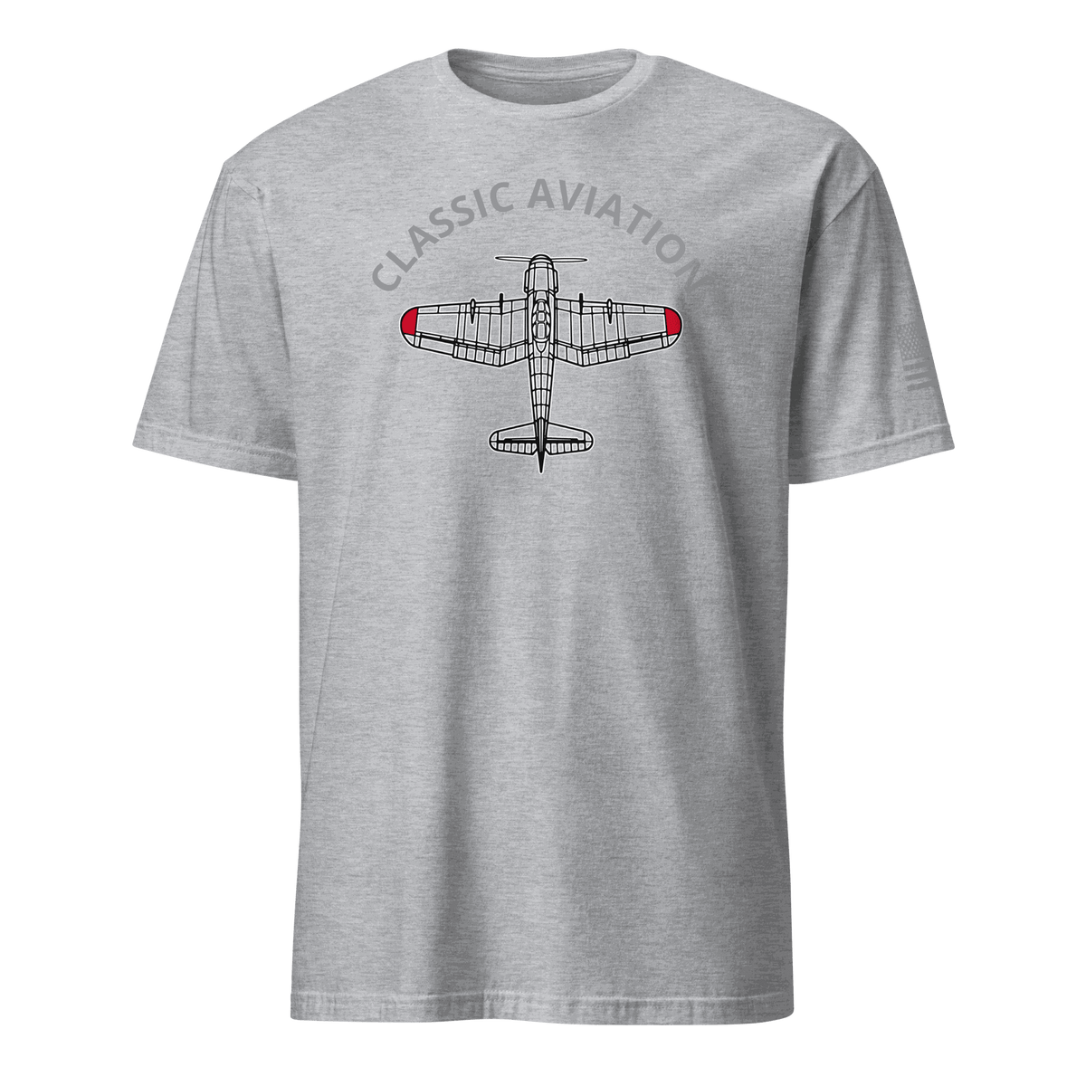 Grey Aviation T-Shirt with classic pilot airplane design and "Classic Aviation" text