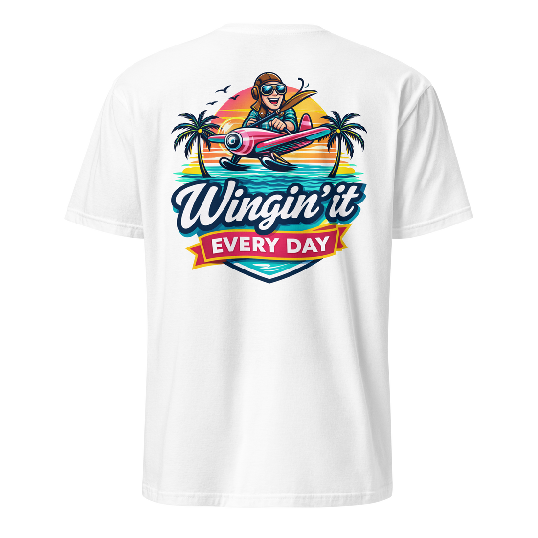 Back view of an aviation t-shirt featuring a pilot graphic and the text &