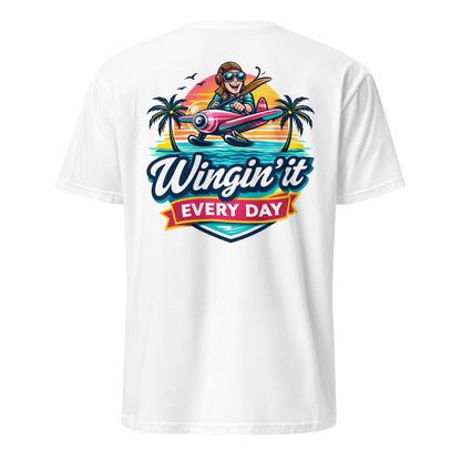 Back view of an aviation t-shirt featuring a pilot graphic and the text &