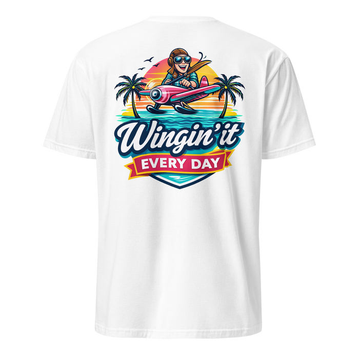 Back view of an aviation t-shirt featuring a pilot graphic and the text 'Wingin' it Every Day'.