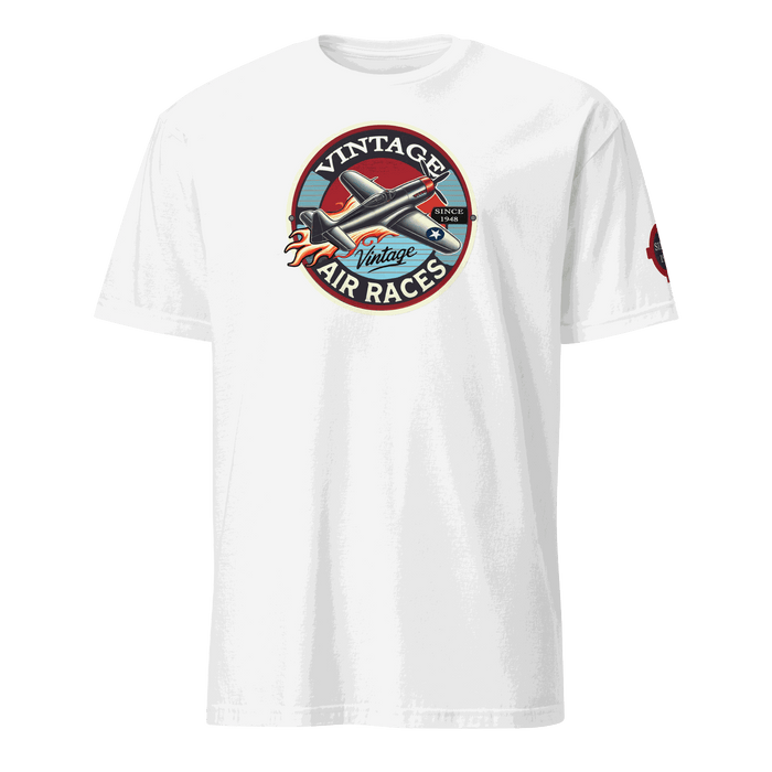 White Vintage Air Races T-Shirt with retro plane graphic and vintage logo design for aviation enthusiasts