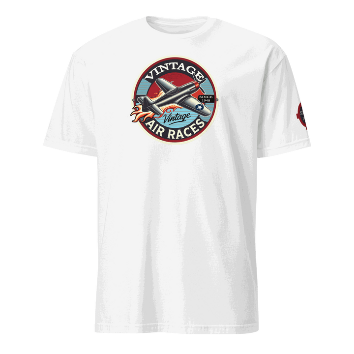 White Vintage Air Races T-Shirt with retro plane graphic and vintage logo design for aviation enthusiasts