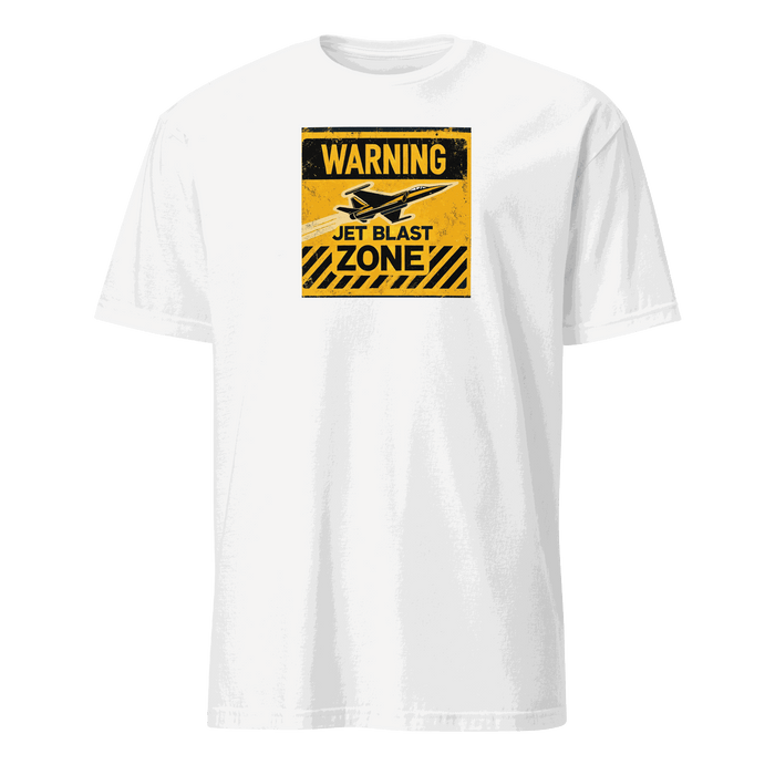 White t-shirt with yellow and black warning jet blast zone graphic for pilot gift