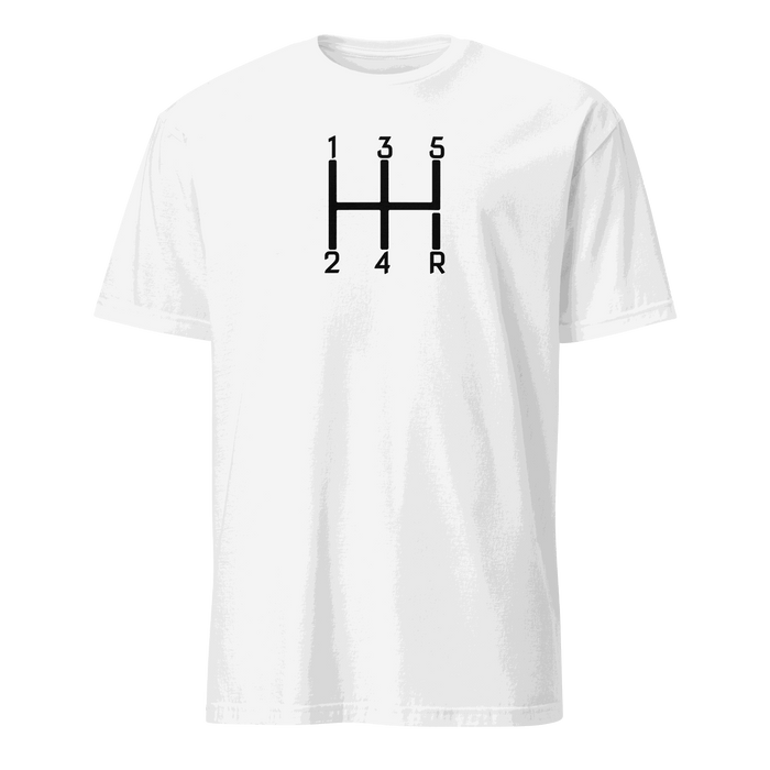 White Manual Transmission T-Shirt with black gear shift pattern for car enthusiasts