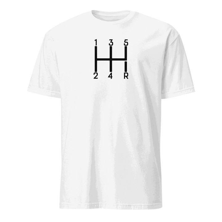White Manual Transmission T-Shirt with black gear shift pattern for car enthusiasts