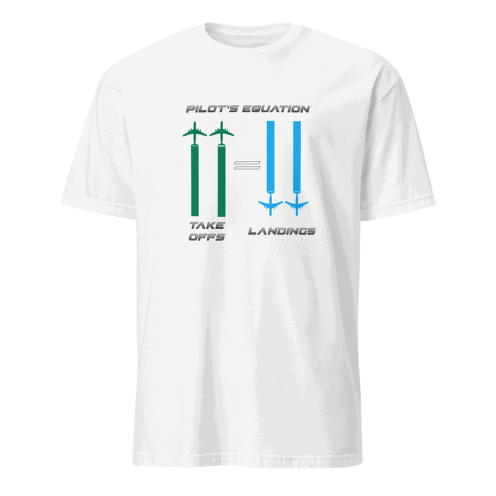 White Pilot Equation T-Shirt with humorous aviation graphic showing takeoffs equal landings design