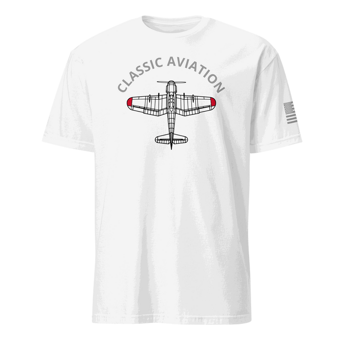 White Aviation T-Shirt with classic airplane graphic and "Classic Aviation" text, pilot gift