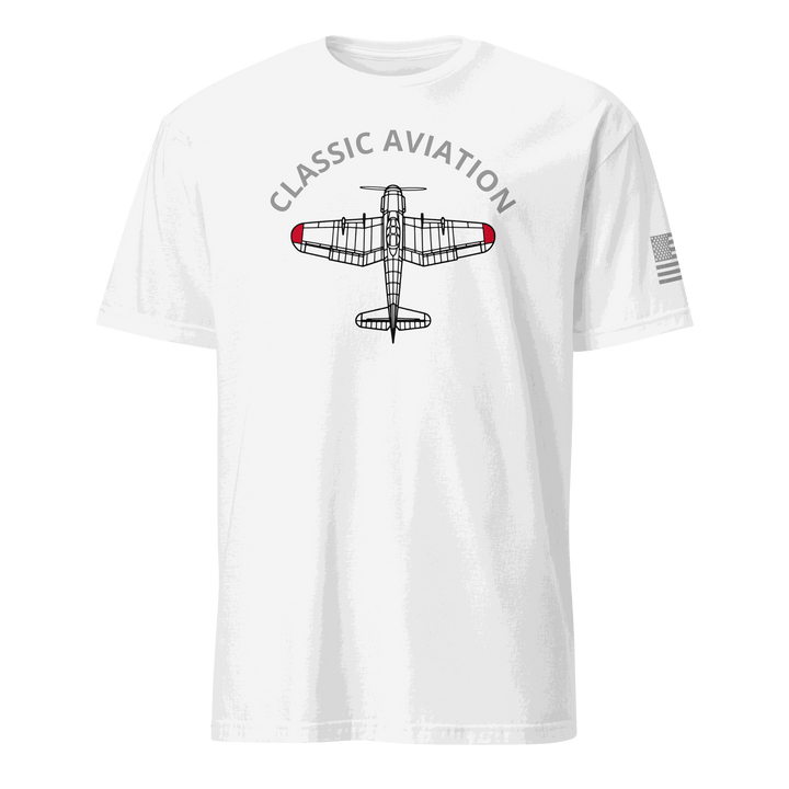 White Aviation T-Shirt with classic airplane graphic and "Classic Aviation" text, pilot gift