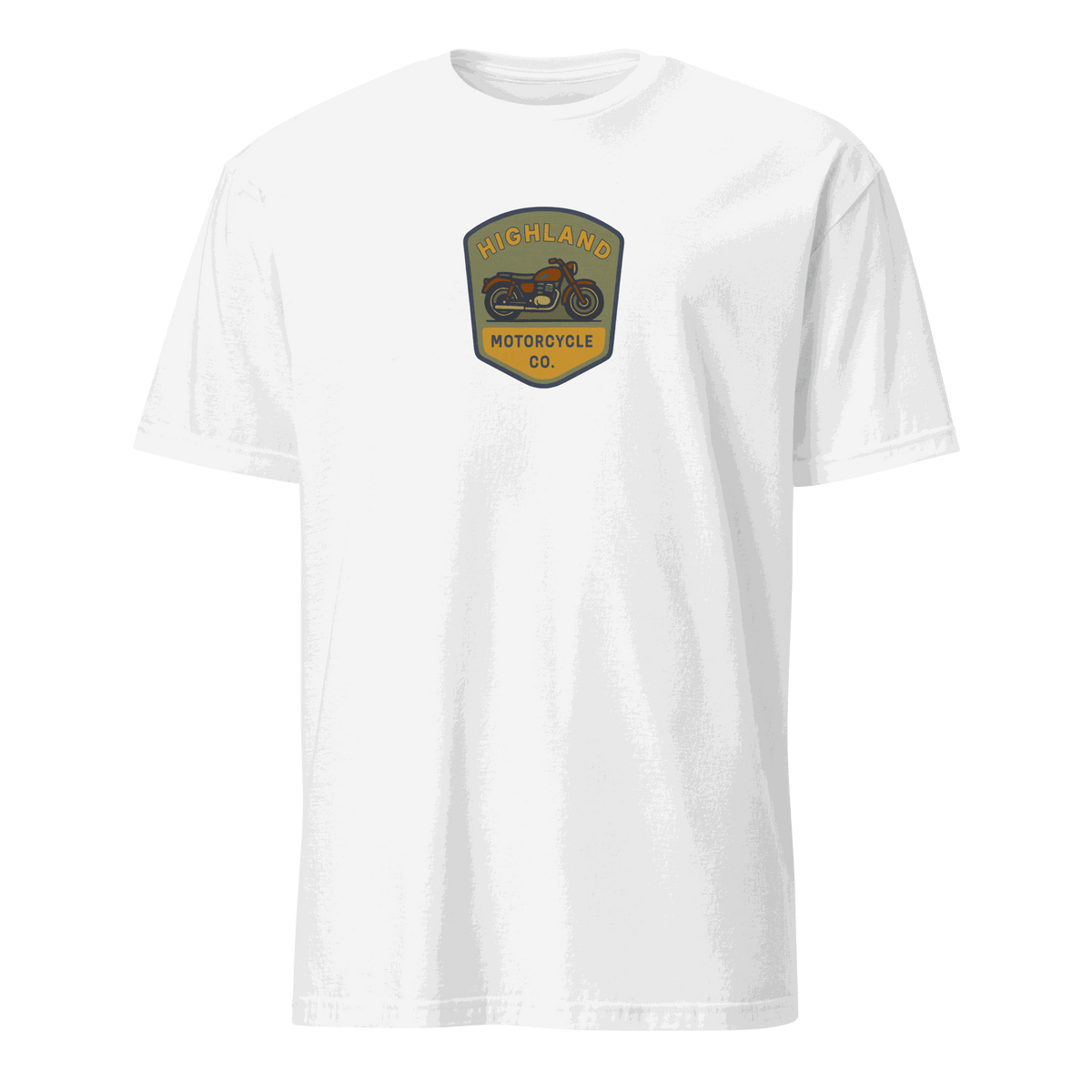 White Vintage Biker T-Shirt with Highland Motorcycle Co. logo, made of 100% organic cotton, medium fit