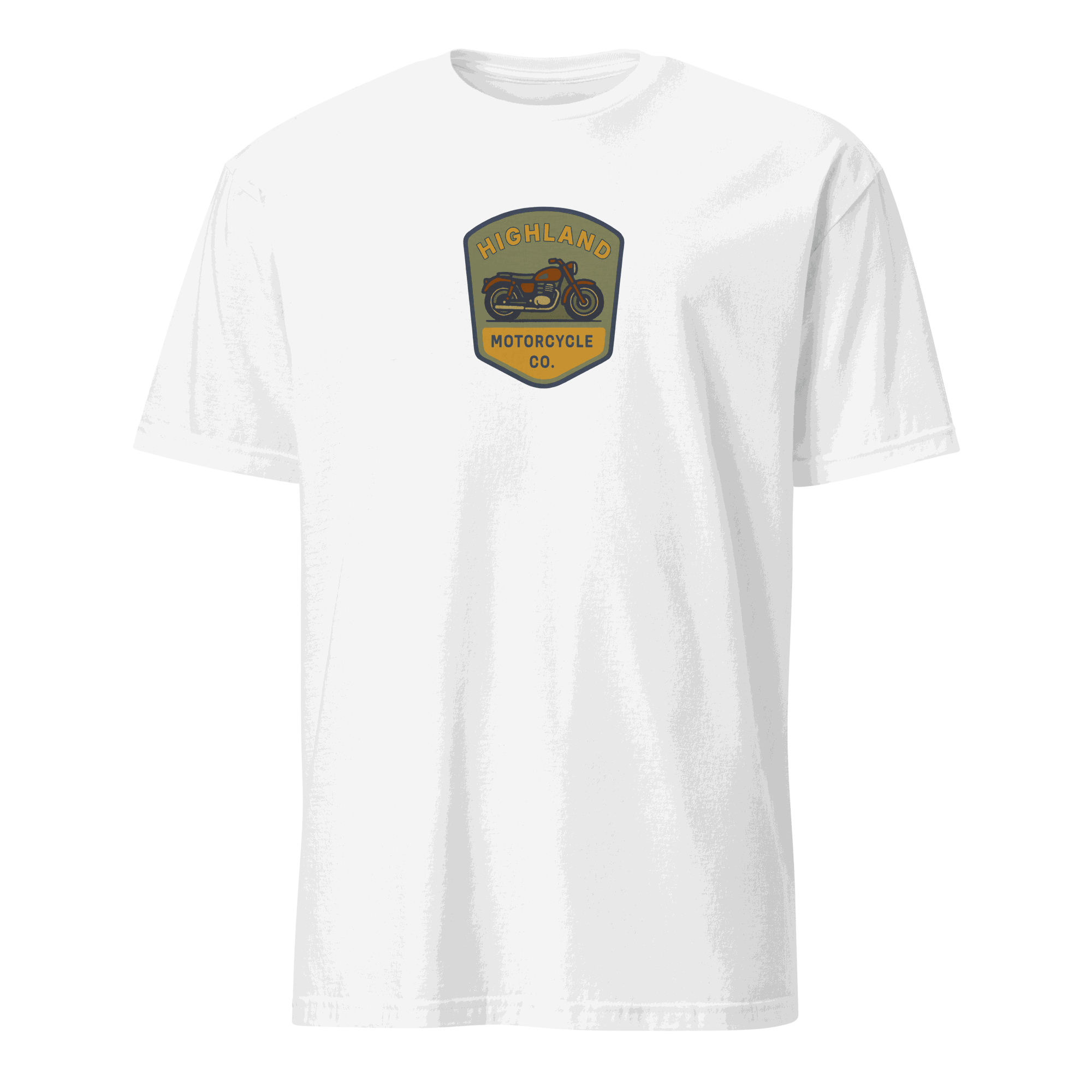 White Vintage Biker T-Shirt with Highland Motorcycle Co. logo, made of 100% organic cotton, medium fit