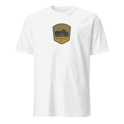 White Vintage Biker T-Shirt with Highland Motorcycle Co. logo, made of 100% organic cotton, medium fit