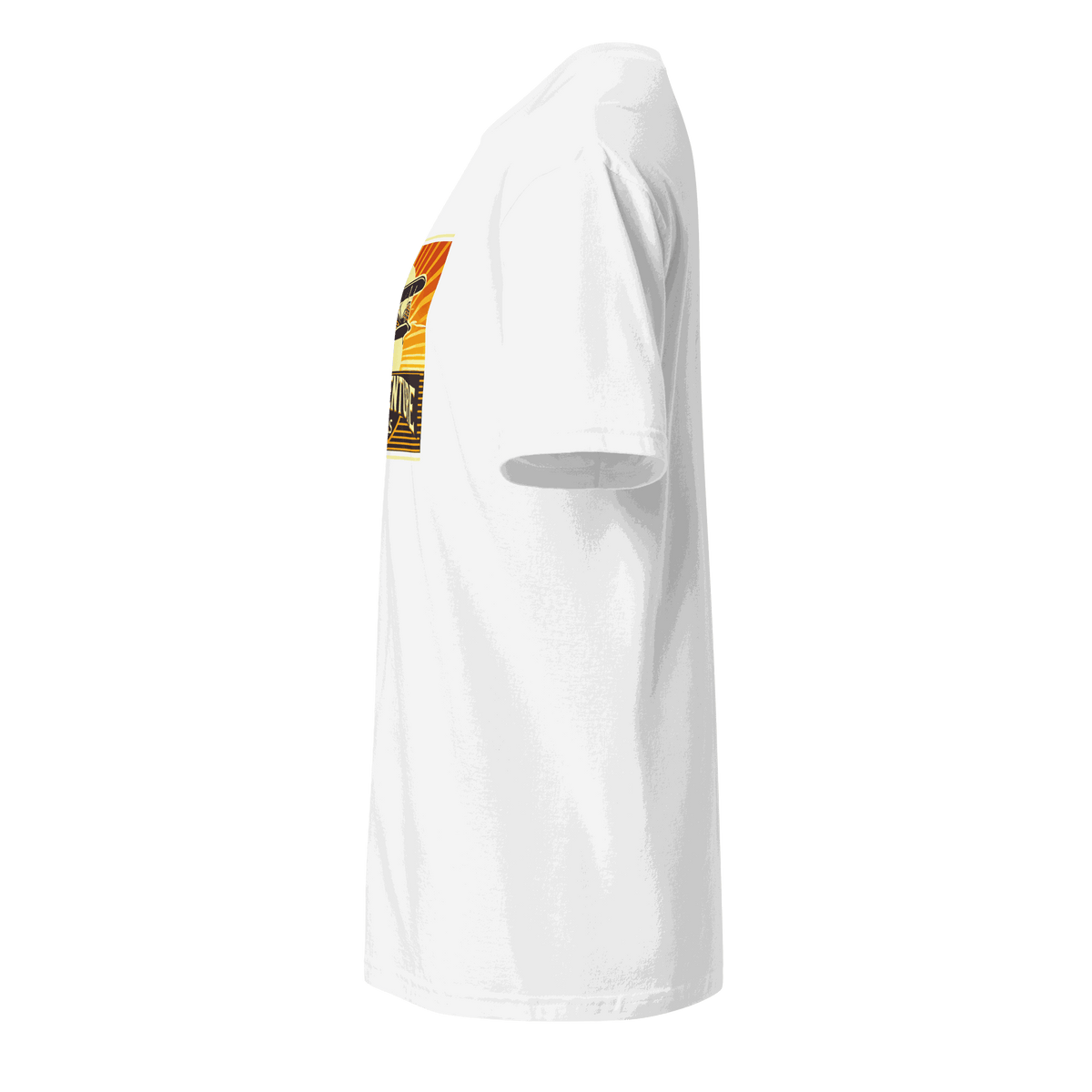 Side view of white vintage aviation graphic tee with retro pilot design