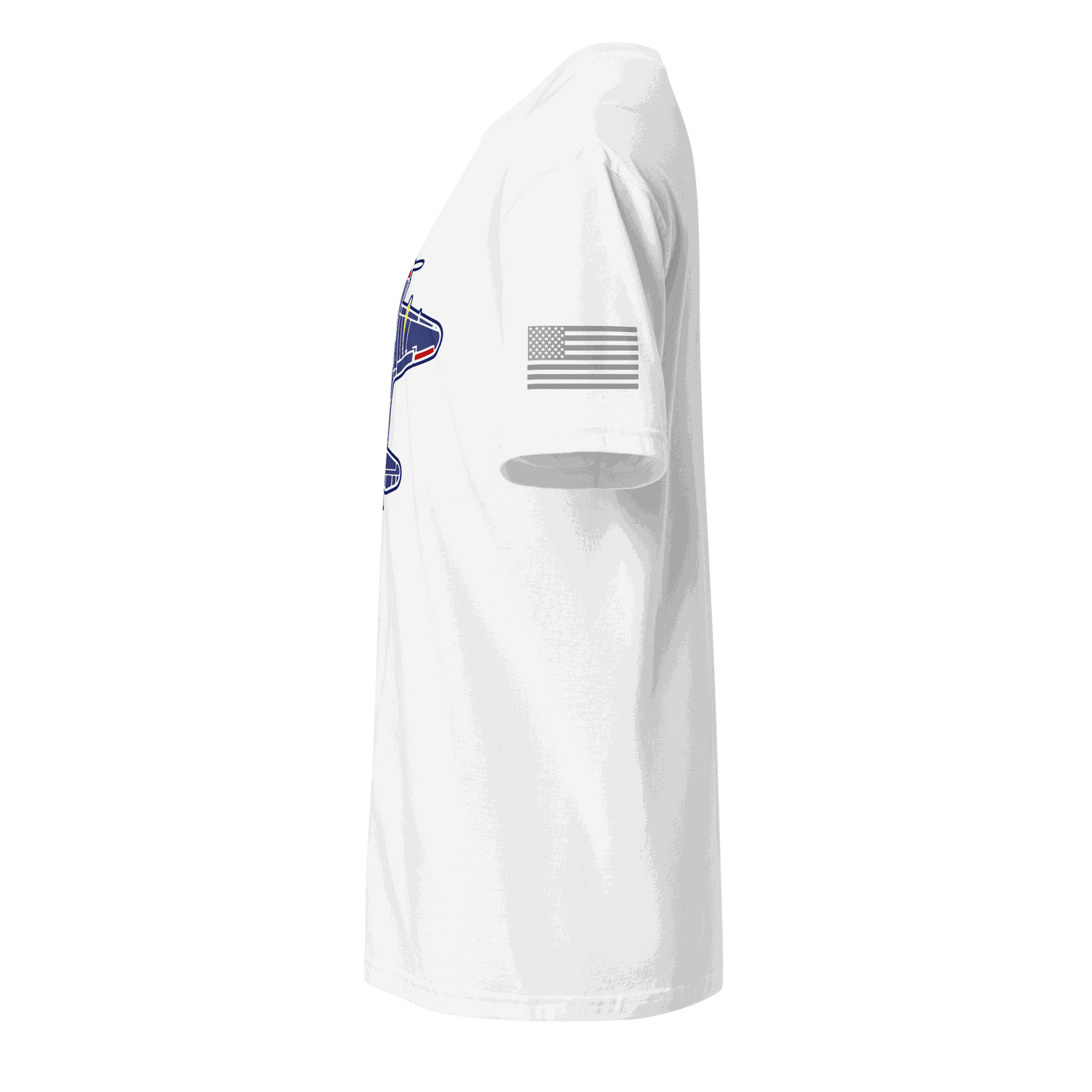 White aviation t-shirt with American flag on sleeve, made of soft 100% ring-spun cotton