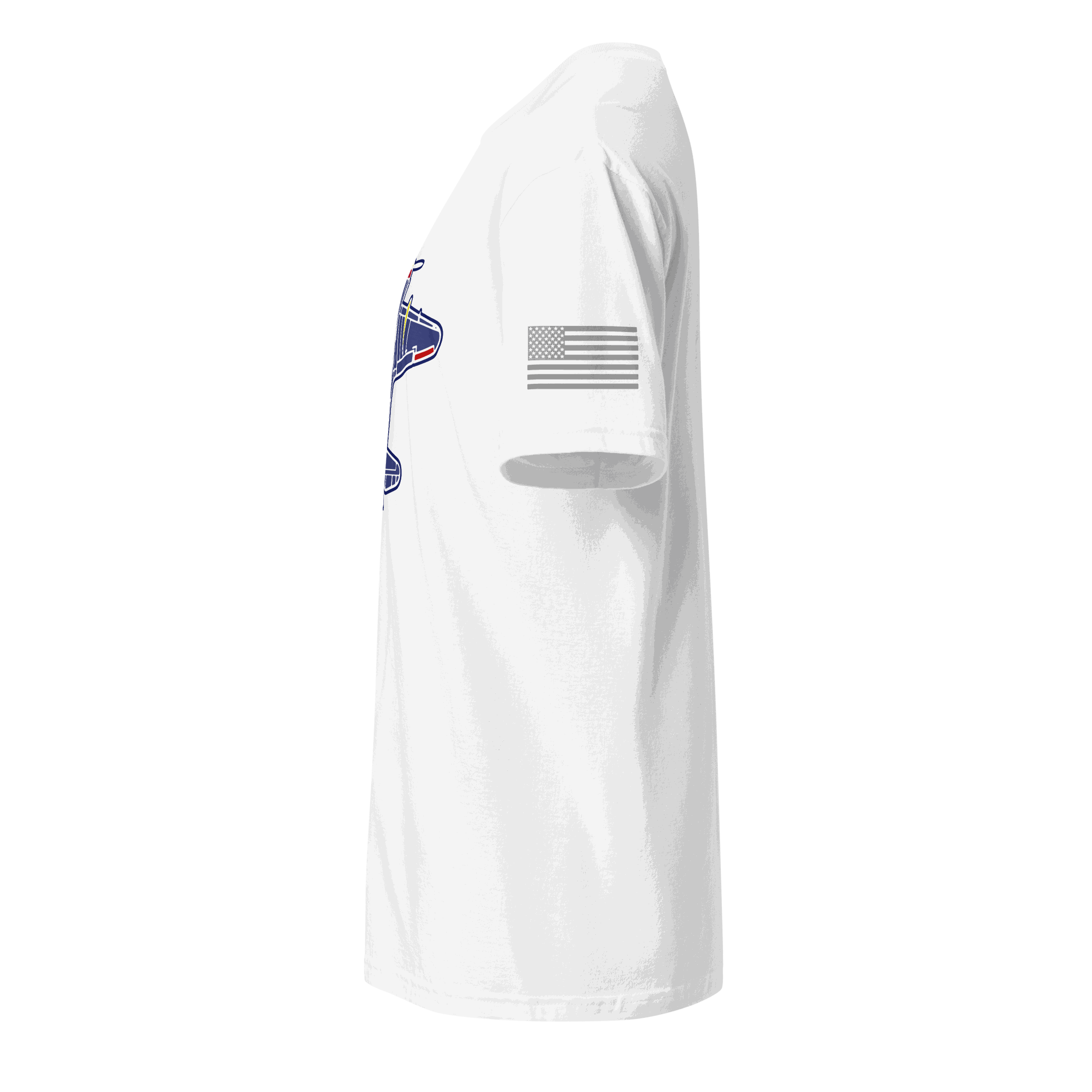 White aviation t-shirt with American flag on sleeve, made of soft 100% ring-spun cotton