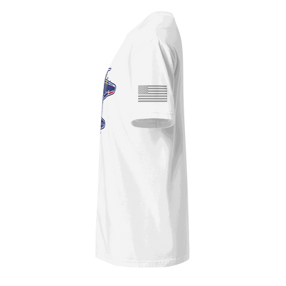 White aviation t-shirt with American flag on sleeve, made of soft 100% ring-spun cotton