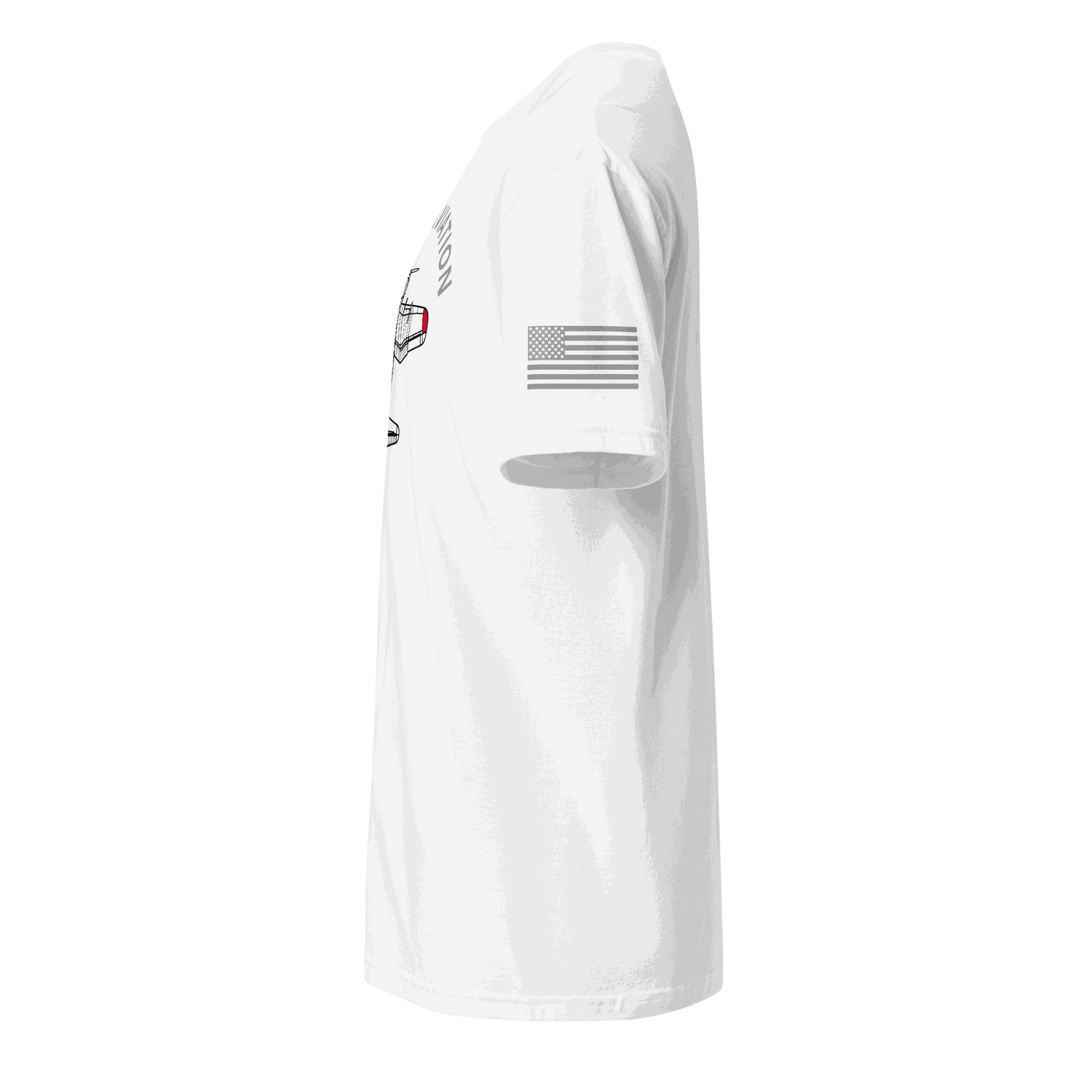 Side view of white Aviation T-Shirt with American flag on sleeve, made of soft, durable cotton blend.