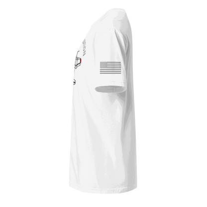 Side view of white Aviation T-Shirt with American flag on sleeve, made of soft, durable cotton blend.