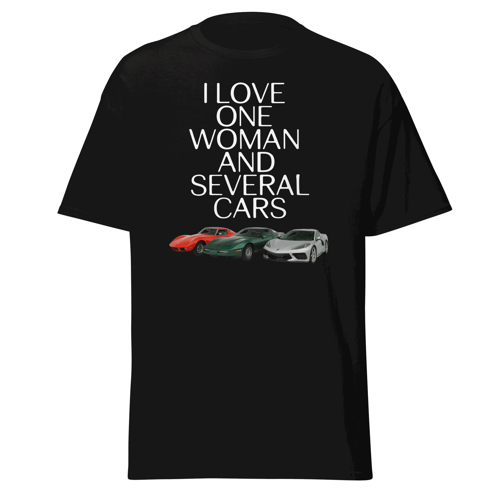 Black Love One Woman T-shirt with text and three Corvette cars graphic