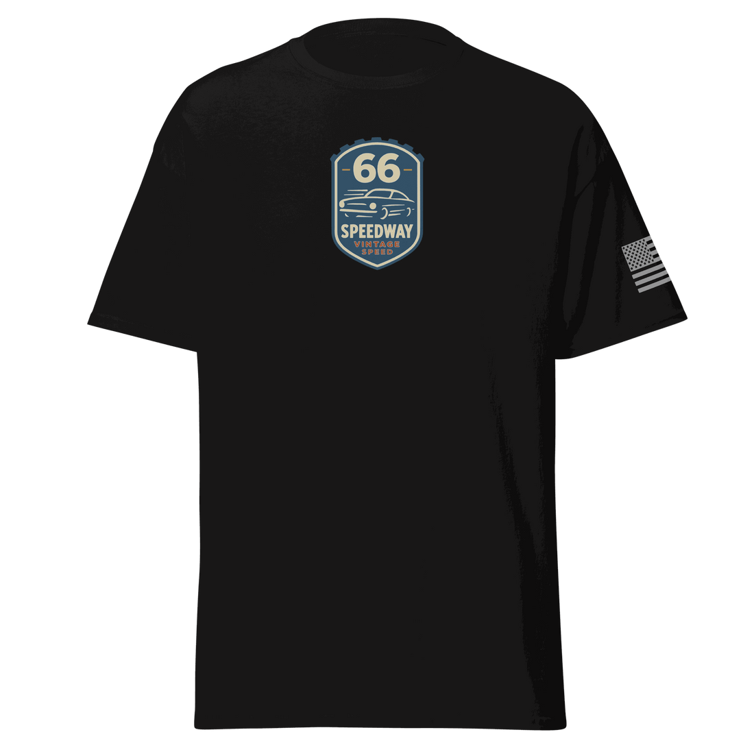 Black Vintage Car Cotton T-shirt with Speedway 66 logo and American flag on sleeve