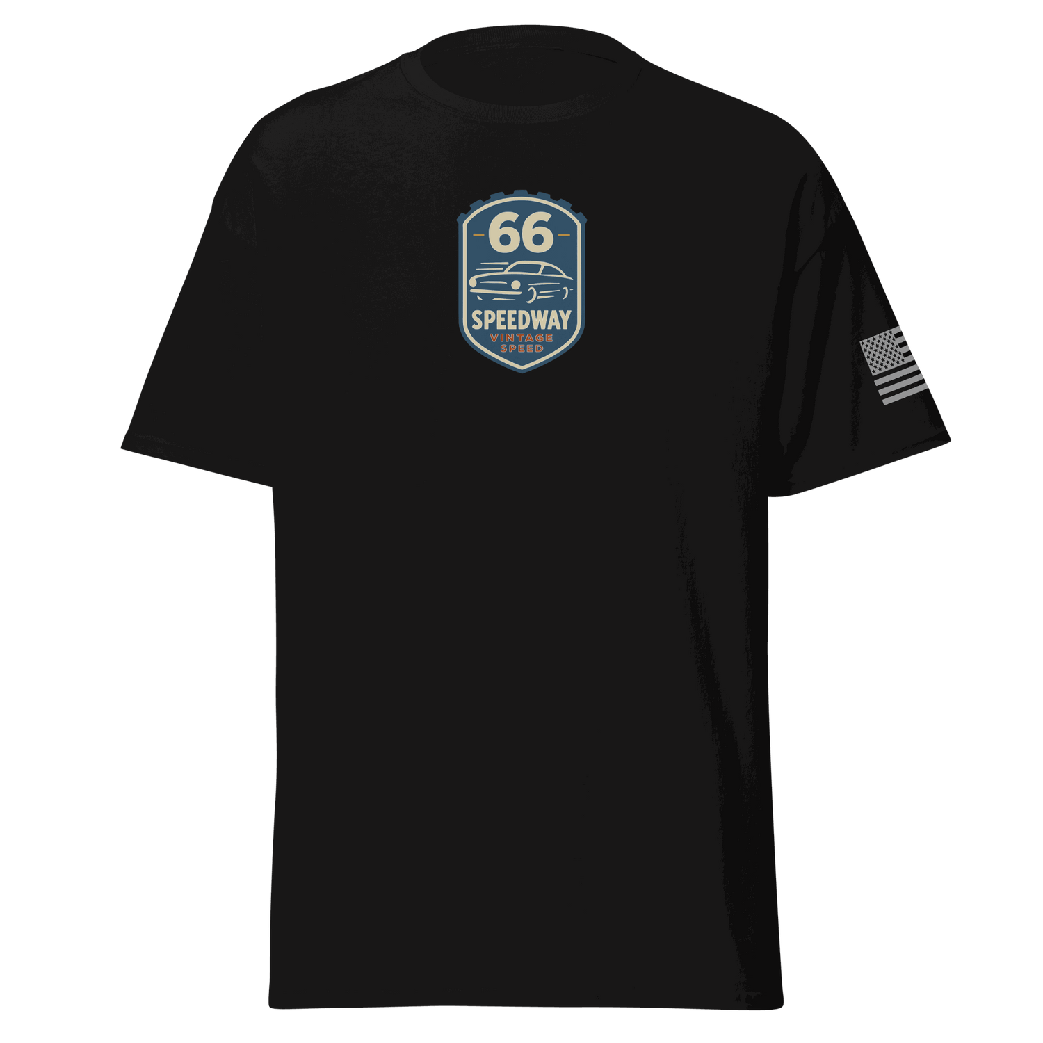 Black Vintage Car Cotton T-shirt with Speedway 66 logo and American flag on sleeve