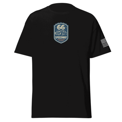 Black Vintage Car Cotton T-shirt with Speedway 66 logo and American flag on sleeve