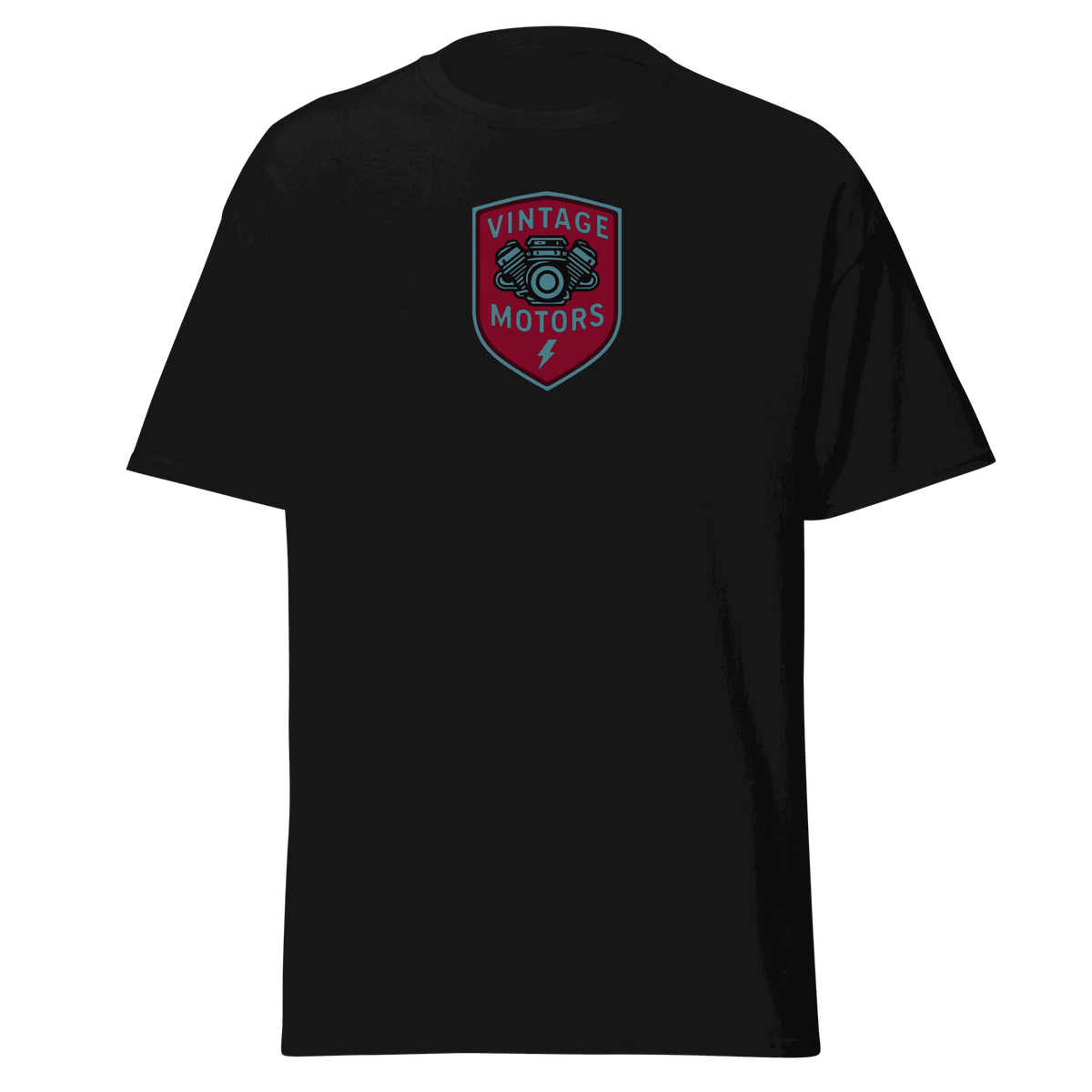 Vintage T-Shirt Black Vintage Motors Classic T-Shirt with red and blue logo on 100% cotton fabric
