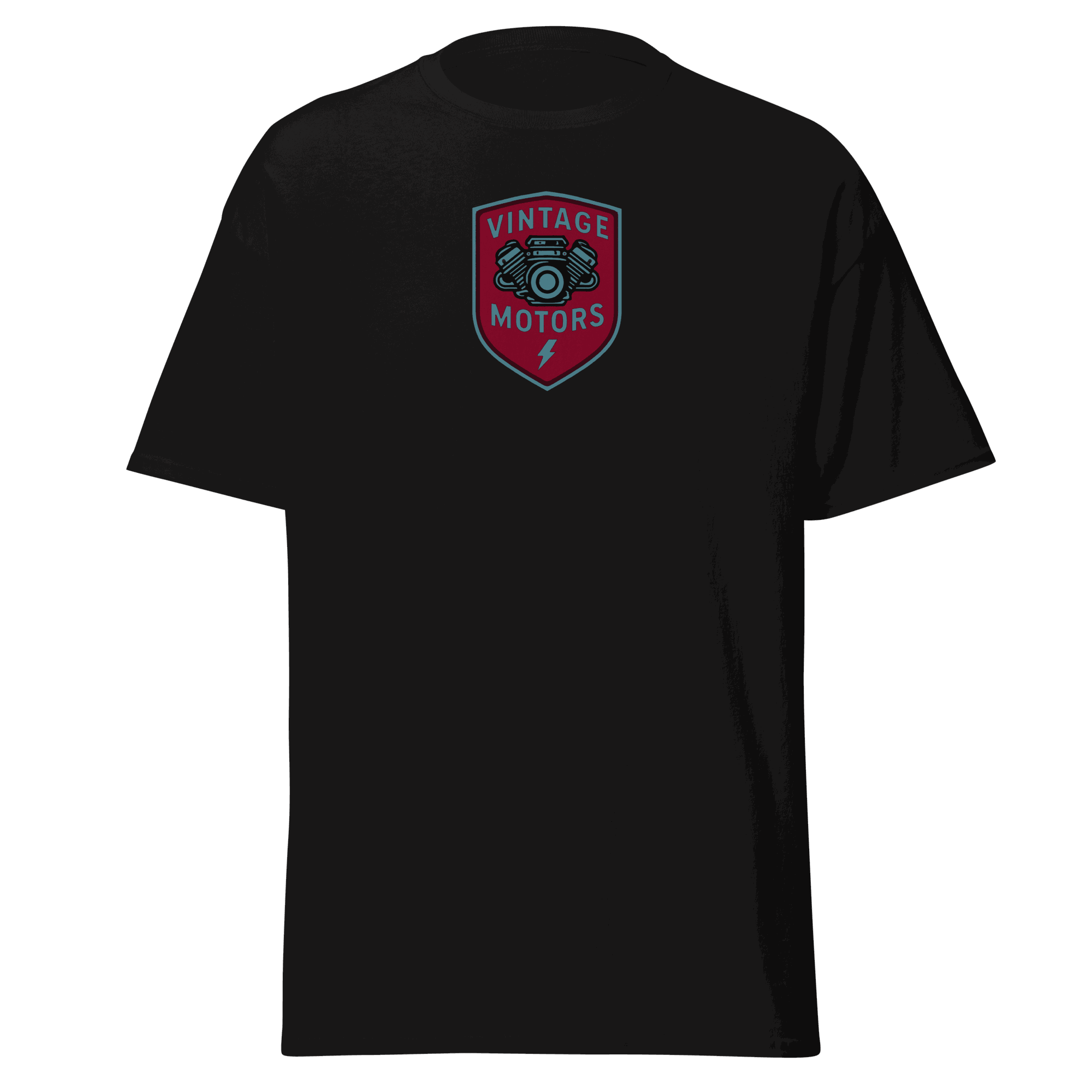 Vintage T-Shirt Black Vintage Motors Classic T-Shirt with red and blue logo on 100% cotton fabric
