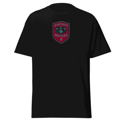 Vintage T-Shirt Black Vintage Motors Classic T-Shirt with red and blue logo on 100% cotton fabric