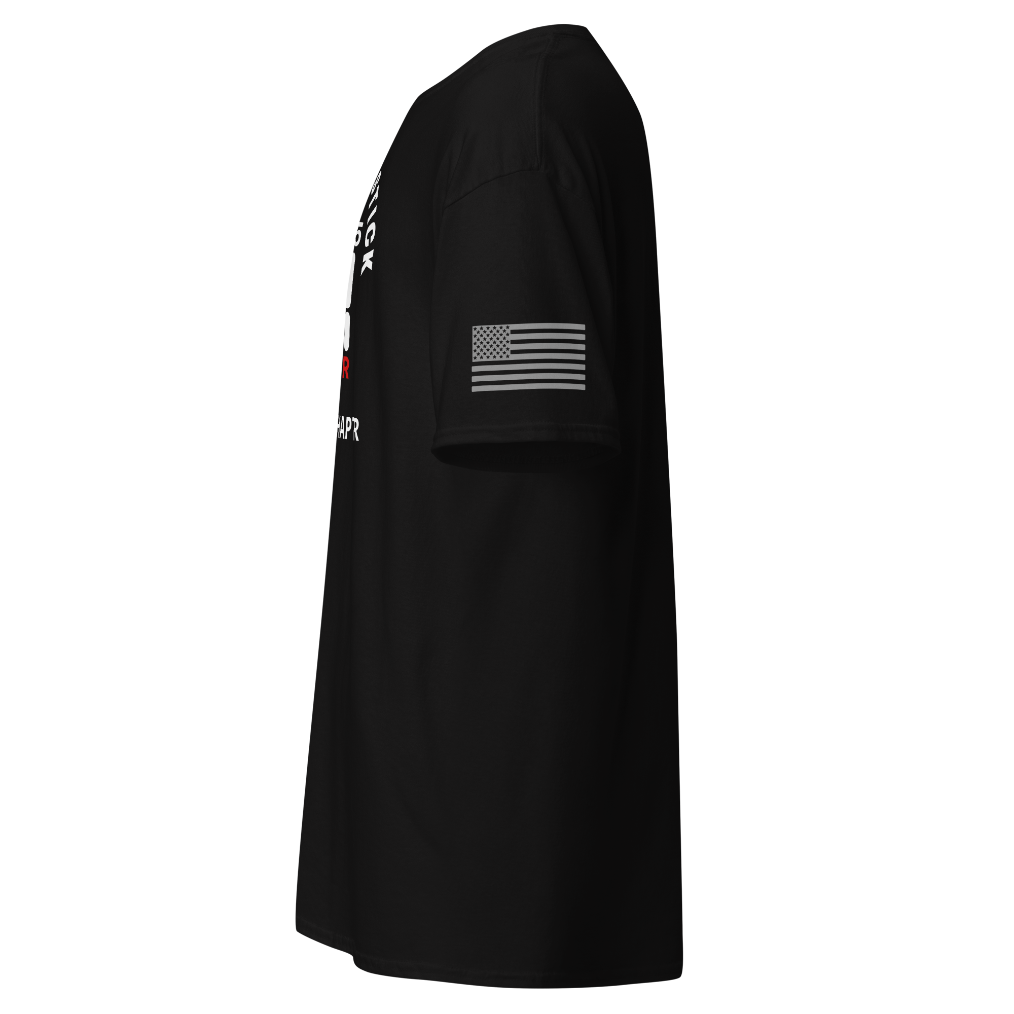 Side view of Custom Manual transmission car shirt featuring the outline of a state and US flag on sleeve.