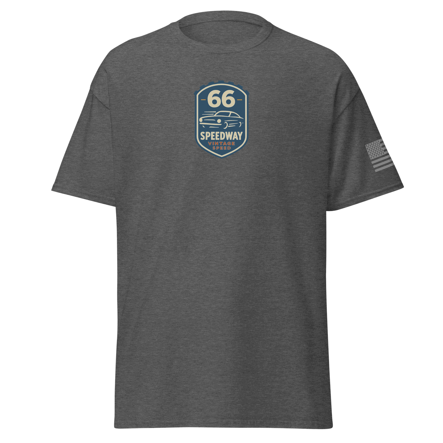Vintage Car Cotton T-shirt grey with route 66 speedway design and American flag sleeve print