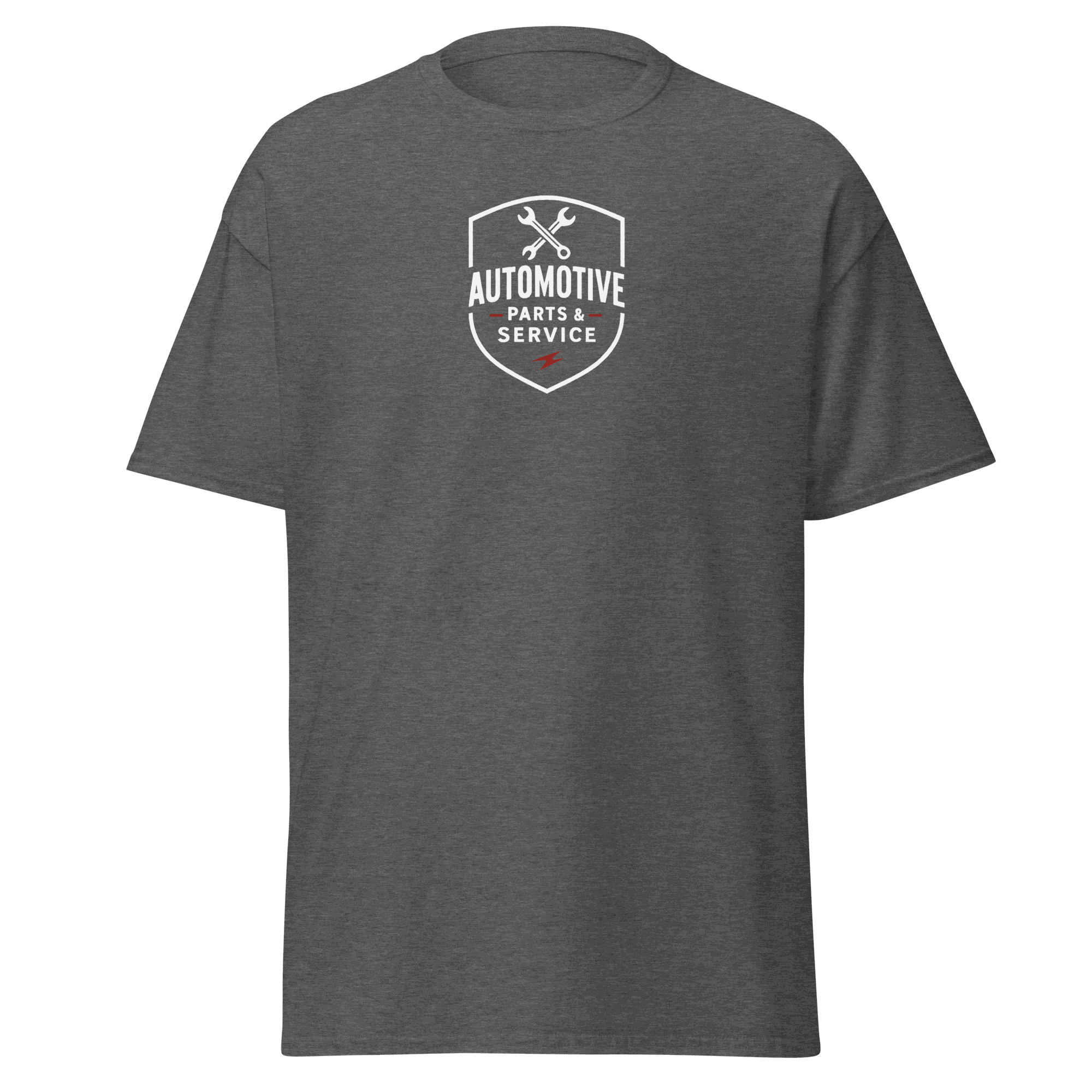Classic T-Shirt Gray Automotive Parts Classic T-Shirt with white and red service logo, 100% cotton unisex tee