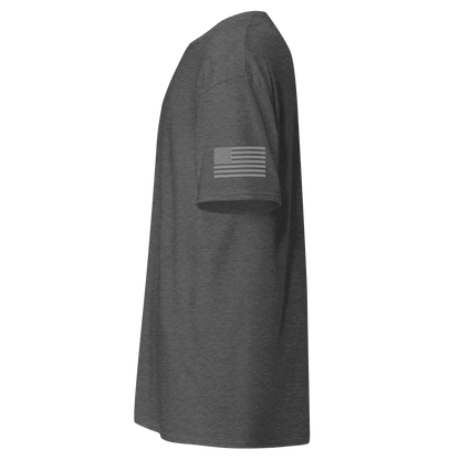 Side view of vintage car cotton t-shirt in dark grey with American flag on sleeve